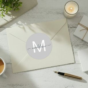 Personalised Script Name Monogram Grey Classic Round Sticker