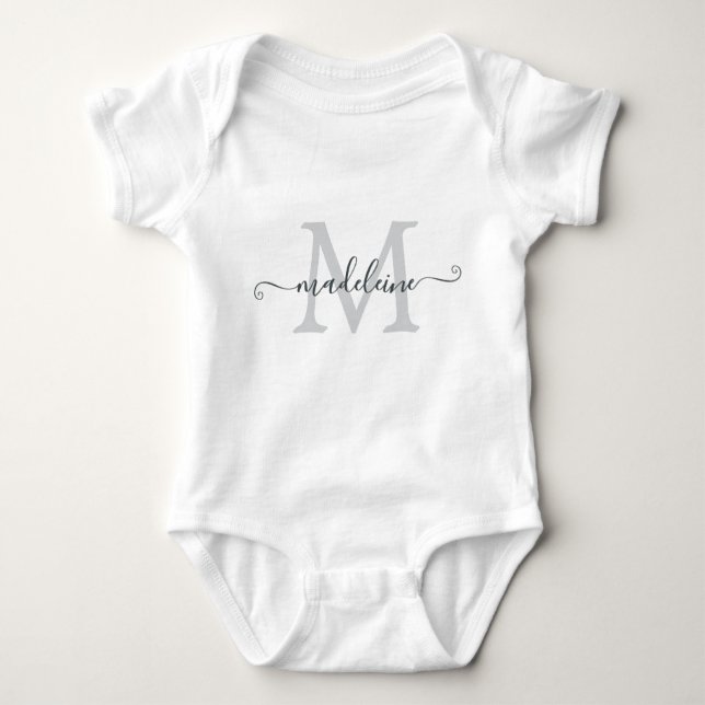 Personalised Script Name Monogram Silver Grey Baby Bodysuit (Front)