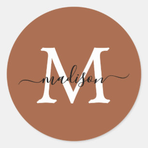 Personalised Script Name Monogram Terracotta Classic Round Sticker