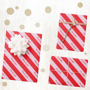 Personalised Script Name Red Pink Candy Stripe Wrapping Paper Sheet