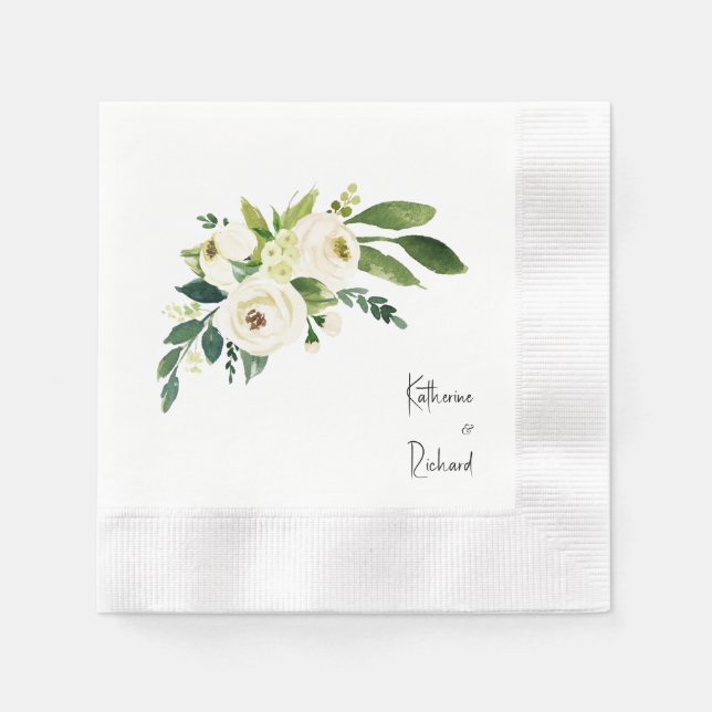 Personalised Script White Rose Wedding Coined  Napkin (Front)