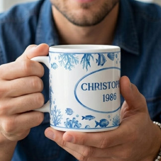 Personalised Sea Life Illustration Vintage Print Coffee Mug