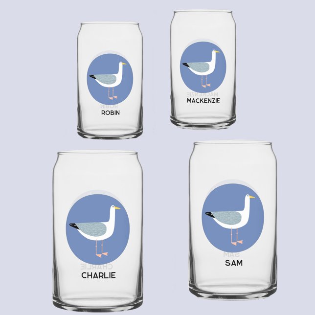Personalised Seagull Can Glass (Seagull coastal personalized names can style glass)