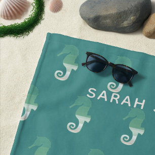 Personalised Seahorse Pattern Teal Beach Towel
