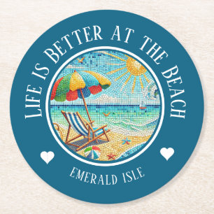 Personalised Seashore Beach Umbrella Round Paper Coaster