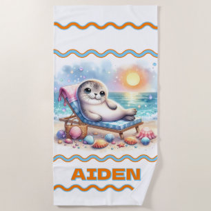 Personalised Seaside Serenity: A Seal's Vacation  Beach Towel