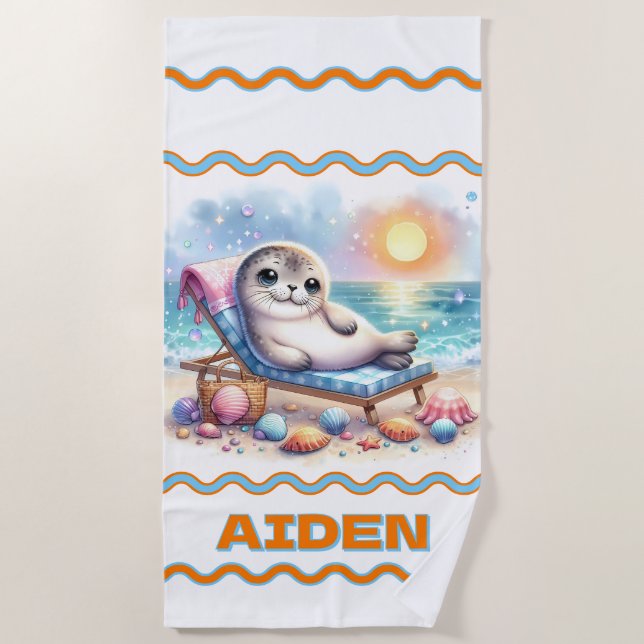 Personalised Seaside Serenity: A Seal's Vacation  Beach Towel (Front)