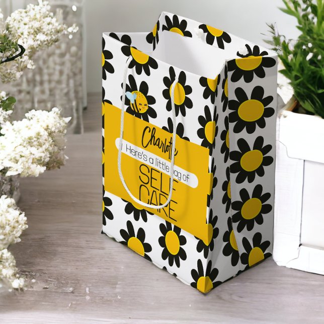 Personalised Self Care Black Yellow Flowers Medium Gift Bag (Personalized Self Care Black Yellow Flowers Medium Gift Bag from Ricaso)