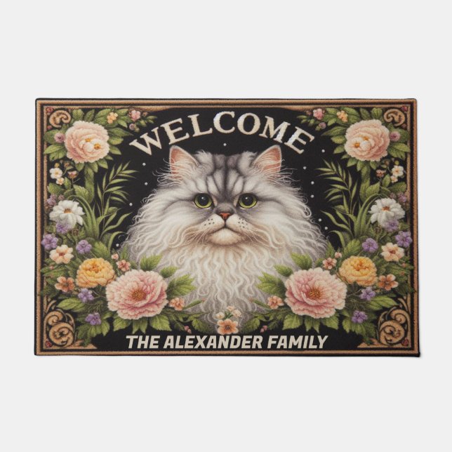 Personalised Selkirk Rex Cat, Floral Chic Welcome Doormat (Front)