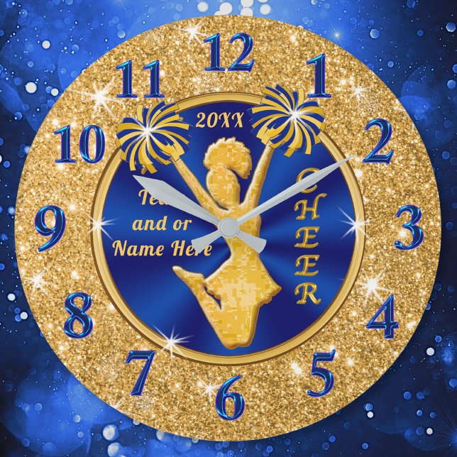 Personalised Senior Cheerleader Gift Ideas Large Clock (Senior cheer gift ideas. Cheerleader bedroom decor. Cheerleader Clock. Cheer squad gift ideas. Blue)