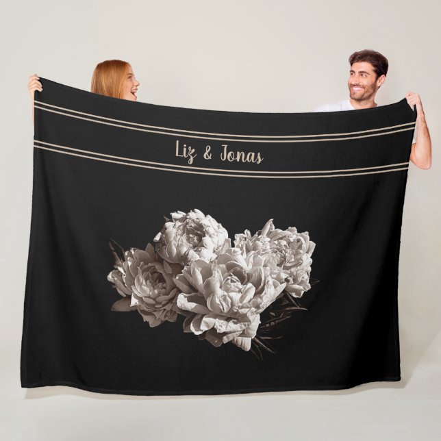 Personalised Sepia Peonies Large Size Black Fleece Blanket (In Situ)