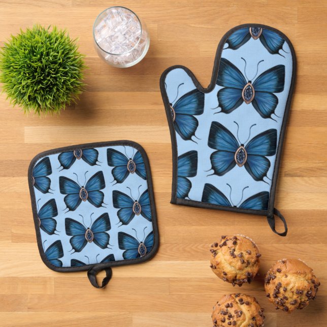 Personalised September Birth Blue Butterfly Oven Mitt & Pot Holder Set (Top Down)