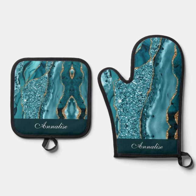 Personalised Sequin Teal Blue Agate Oven Mitt & Pot Holder Set (Front)
