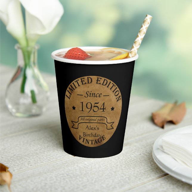 Personalised seventy vintage 70th birthday party paper cups (Insitu)