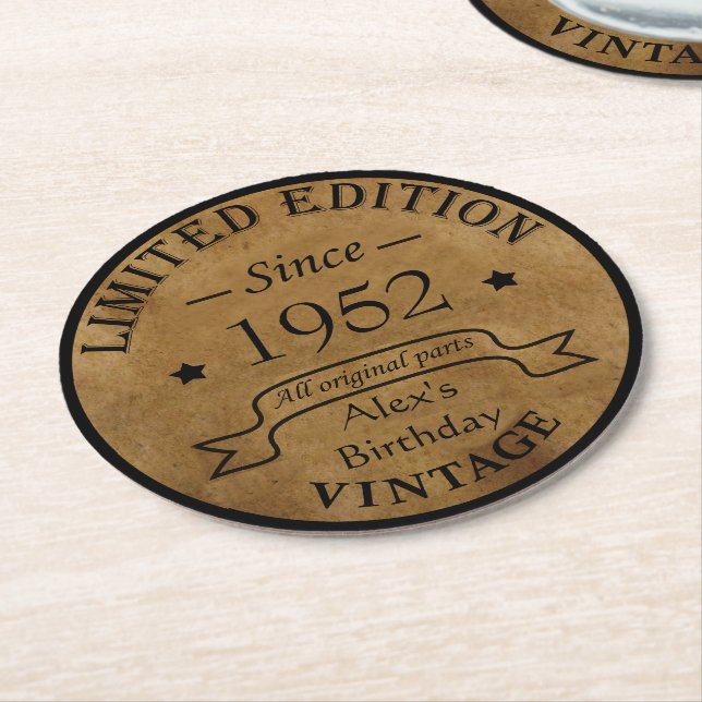 Personalised seventy vintage 70th birthday party round paper coaster (Angled)