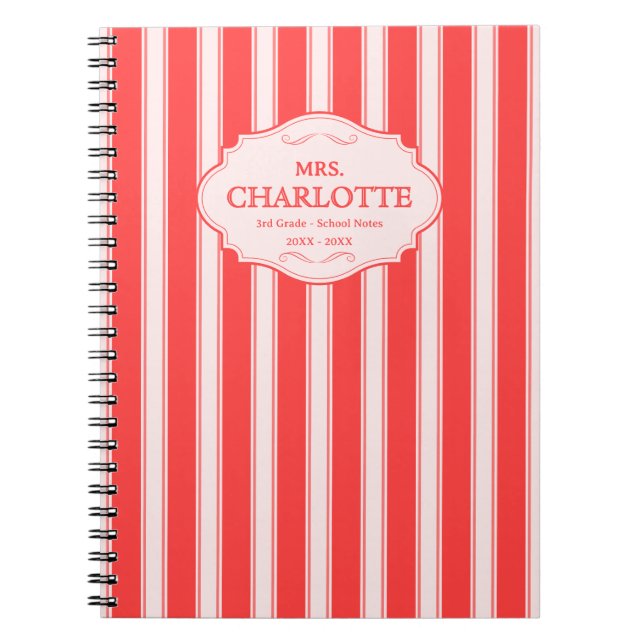 Personalised Shabby Chic Coral Pink Stripes Notebook (Front)