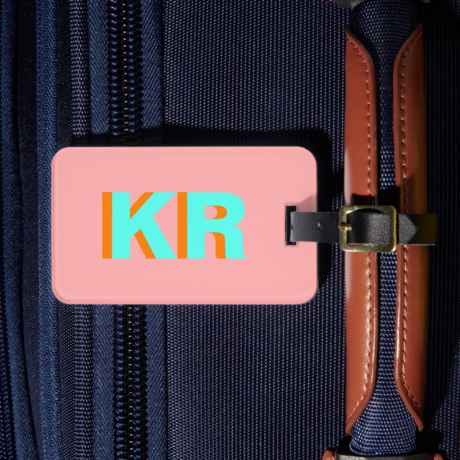 Personalised Shadow Monogram Peach Blue Luggage Tag (Front Insitu 4)