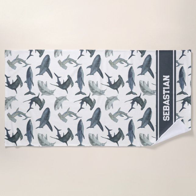Personalised Shark Beach Towel | Watercolor Sharks (Front)