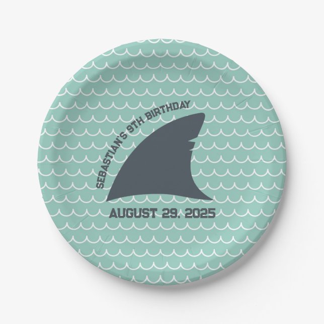 Personalised Shark Fin Plate | Aqua & White Wave (Front)