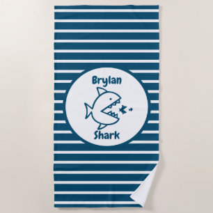 Personalised Shark Fish Blue White Striped Kids Beach Towel