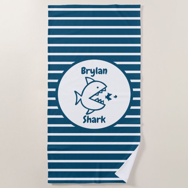 Personalised Shark Fish Blue White Striped Kids Beach Towel (Front)