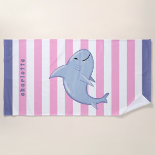 Personalised Shark White Pink Grey Striped Kids Beach Towel