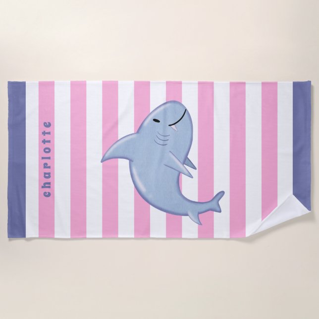 Personalised Shark White Pink Grey Striped Kids Beach Towel (Front)