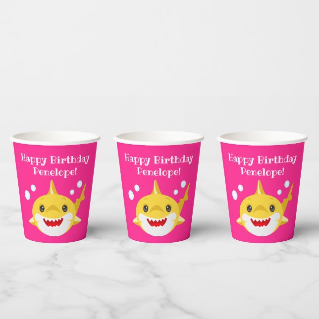 Personalised Sharks Pink Ocean Birthday Paper Cups (Multi)
