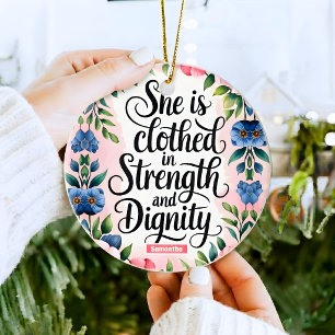 Personalised She Is Clothed in Strength Christian Ceramic Tree Decoration