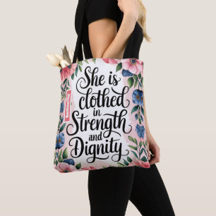 Personalised She Is Clothed in Strength Christian Tote Bag