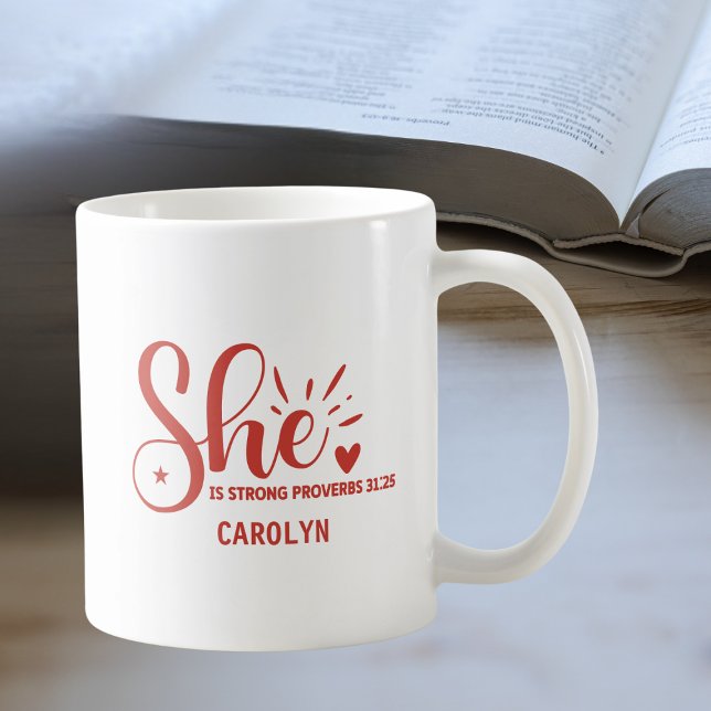 Personalised She is Strong Red Heart Proverb Woman Coffee Mug (Creator Uploaded)