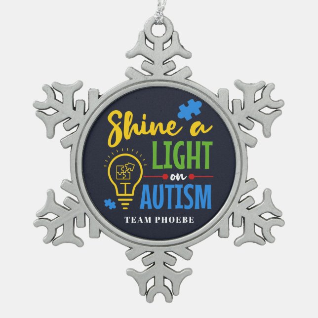 Personalised Shine A Light on Autism Matching Team Snowflake Pewter Christmas Ornament (Front)
