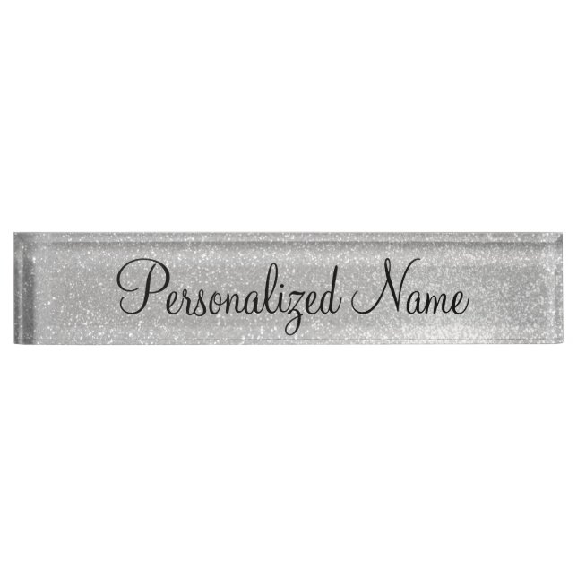 Personalised shiny silver glitter desk nameplate (Front)