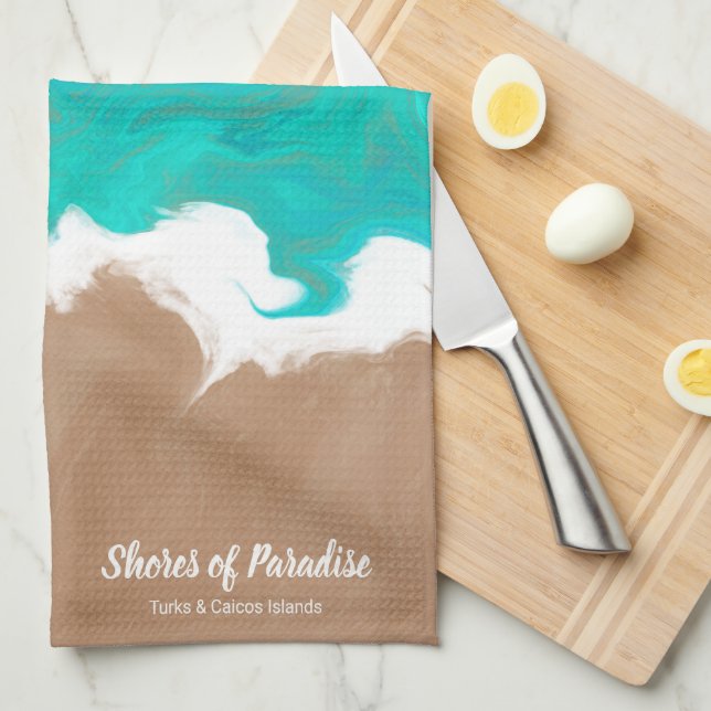Personalised Shores of Paradise Beach Tea Towel (Quarter Fold)