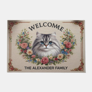 Personalised Siberian Cat Floral Chic Welcome Doormat