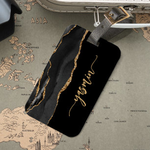 Personalised Signature Black Gold Agate Luggage Tag
