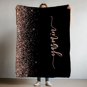 Personalised Signature Black Rose Gold Glitter Fleece Blanket