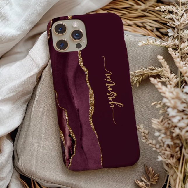 Personalised Signature Burgundy Gold Agate Case-Mate iPhone Case (Creator Uploaded)