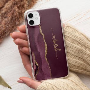 Personalised Signature Burgundy Gold Agate iPhone 13 Pro Case