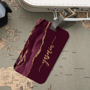 Personalised Signature Burgundy Red Gold Agate Luggage Tag