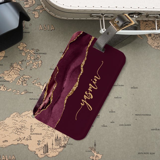 Personalised Signature Burgundy Red Gold Agate Luggage Tag (Creator Uploaded)