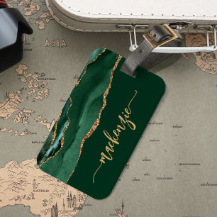 Personalised Signature Emerald Green Gold Agate Luggage Tag