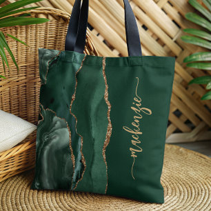 Personalised Signature Emerald Green Gold Agate Tote Bag