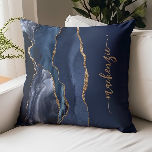 Personalised Signature Navy Blue Gold Agate Cushion (Creator Uploaded)