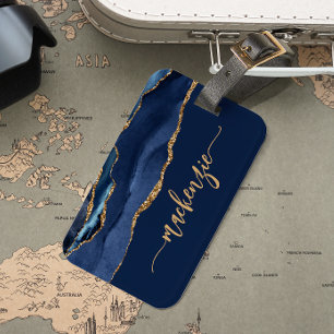 Personalised Signature Navy Blue Gold Agate Luggage Tag