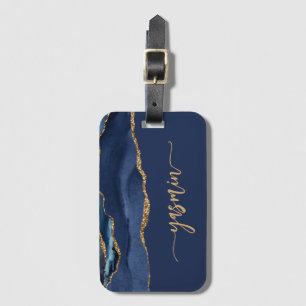 Personalised Signature Navy Blue Gold Agate Luggage Tag
