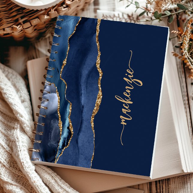 Personalised Signature Navy Blue Gold Agate Notebook (Creator Uploaded)