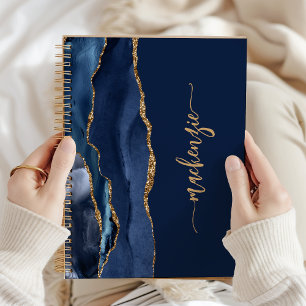Personalised Signature Navy Blue Gold Agate Notebook