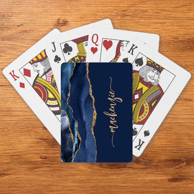 Personalised Signature Navy Blue Gold Agate Playing Cards (Creator Uploaded)