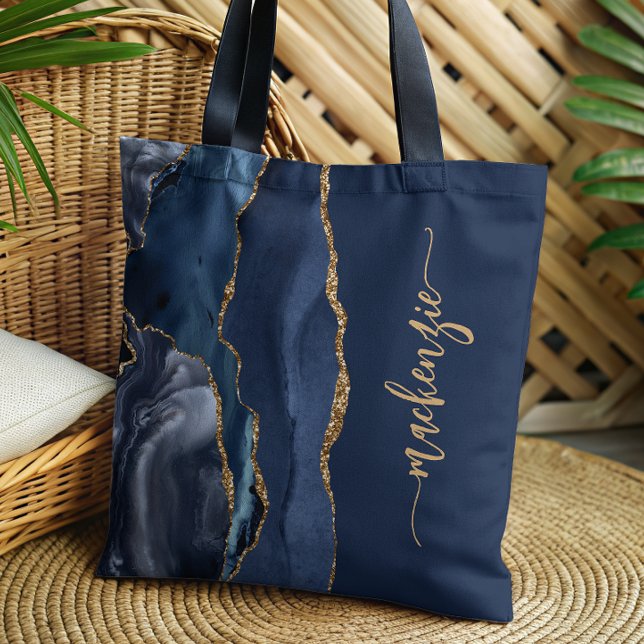 Personalised Signature Navy Blue Gold Agate Tote Bag (Creator Uploaded)